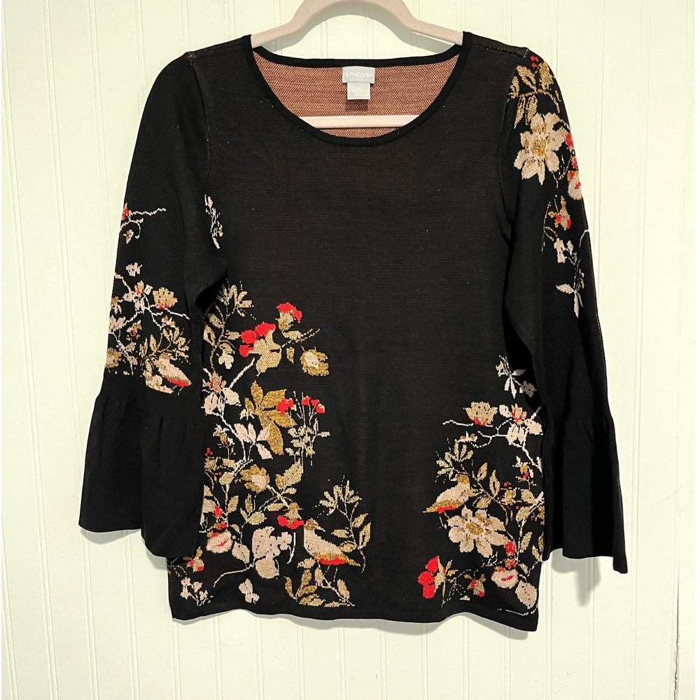 Chico's Sweater Women 0 S Black Floral Bird Metallic Bell Sleeve Office wear